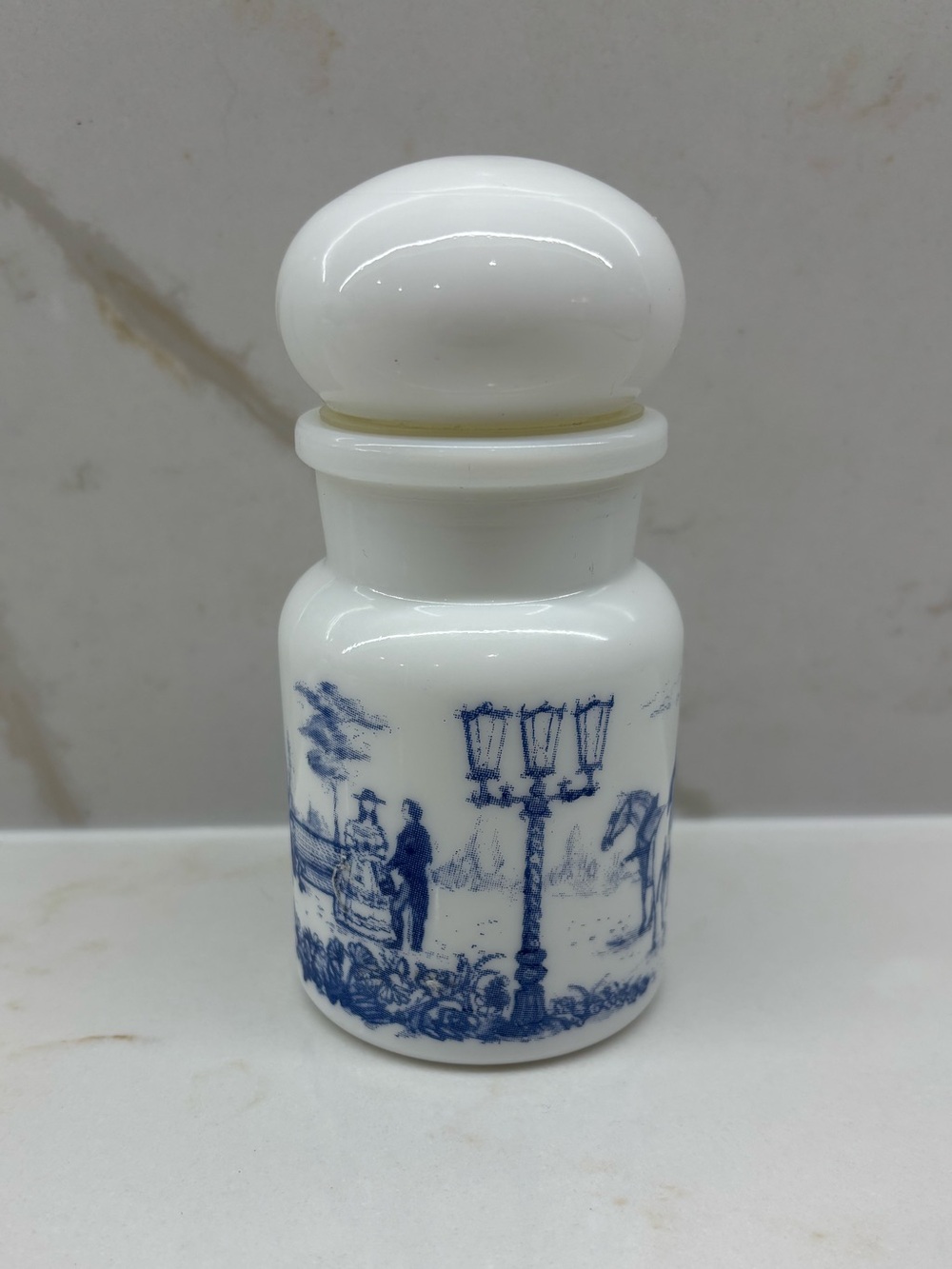 Vintage Toile Milk Glass Apothecary Jar Belgian Pastoral Print Bubble Lid New